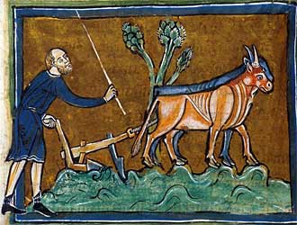 Man ploughing with oxen. Early 13th-century Manuscript.