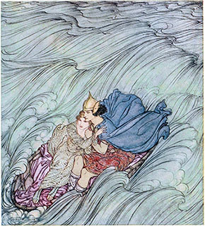 Art, Son of Conn, and the maiden Delvcaem, daughter of Morgan. By Arthur Rackham.