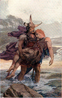 Cuchulainn carries Ferdiad across the river