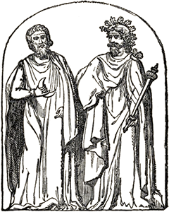 Engraving of two druids