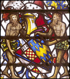 Arms of Sir Ralph Cromwell in a stained glass window at Tattershall castle.