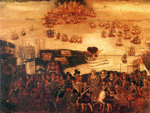 Queen Elizabeth I at Tilbury. The Armada in the background